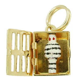 Enameled Movable Jail Cell and Prisoner Charm in 14 Karat Gold