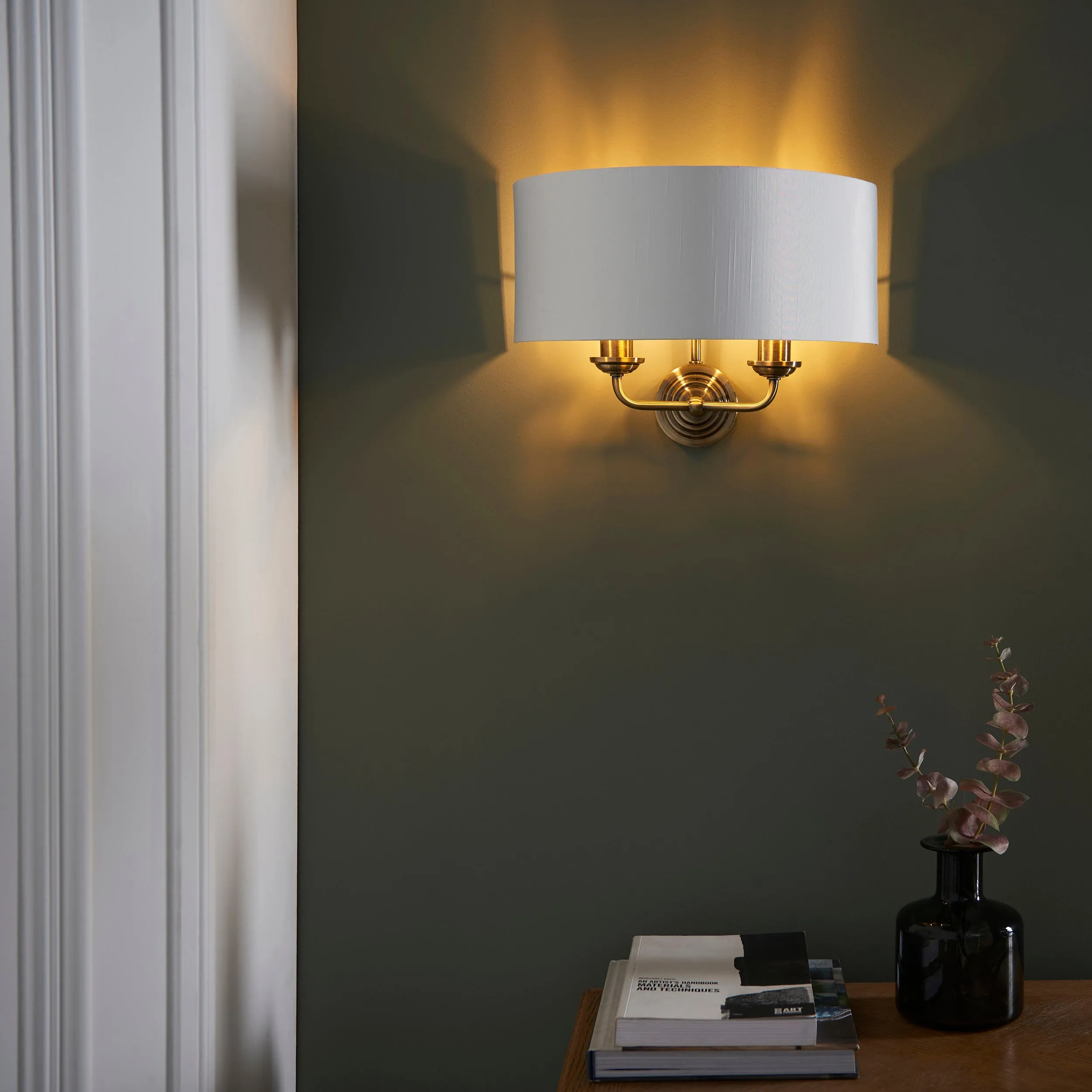 Endon 98937 Highclere 2lt Wall Antique brass plate & vintage white fabric 2 x 40W E14 candle (Required)