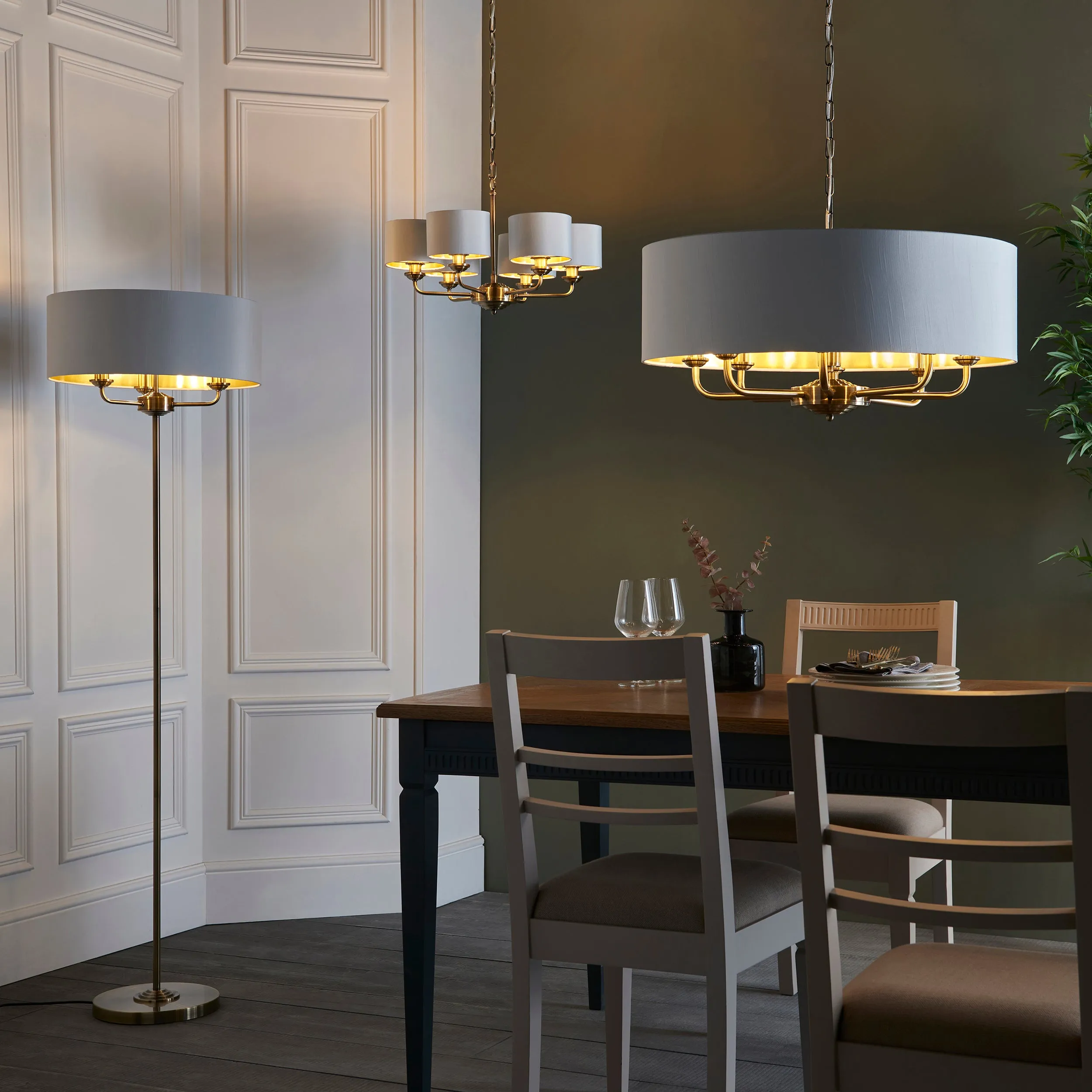 Endon 98938 Highclere 8lt Pendant Antique brass plate & vintage white fabric 8 x 40W E14 candle (Required)
