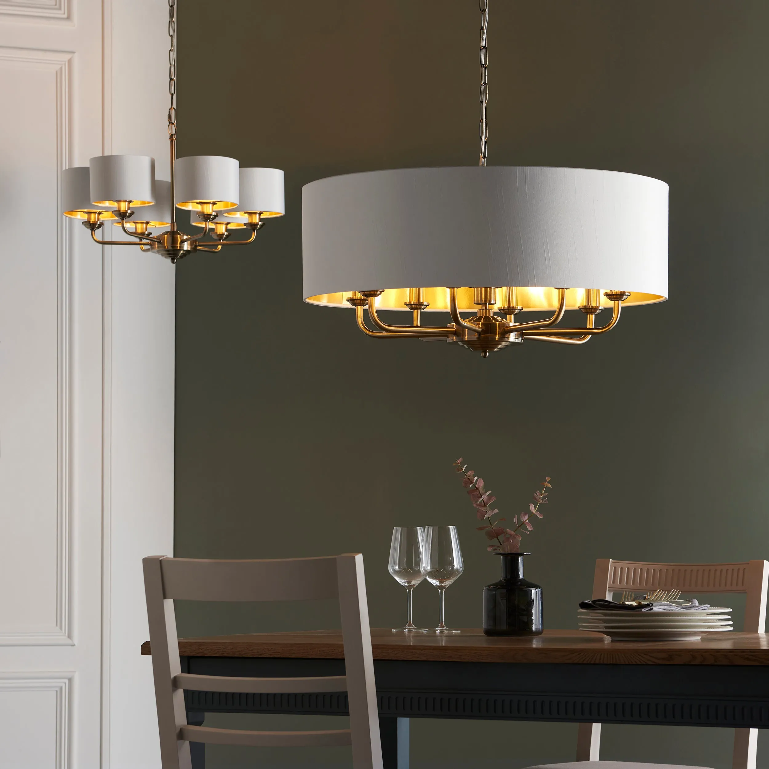 Endon 98938 Highclere 8lt Pendant Antique brass plate & vintage white fabric 8 x 40W E14 candle (Required)
