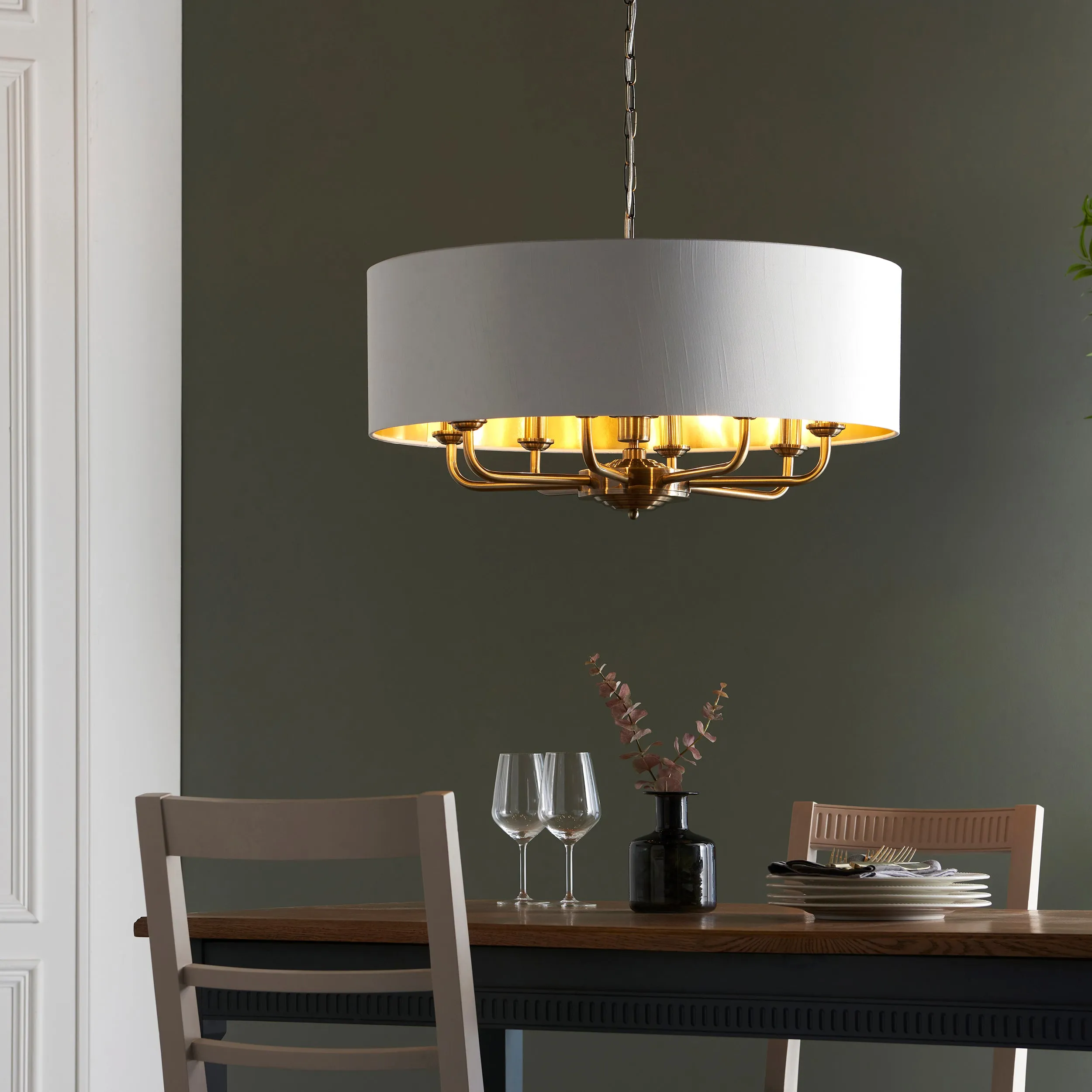 Endon 98938 Highclere 8lt Pendant Antique brass plate & vintage white fabric 8 x 40W E14 candle (Required)