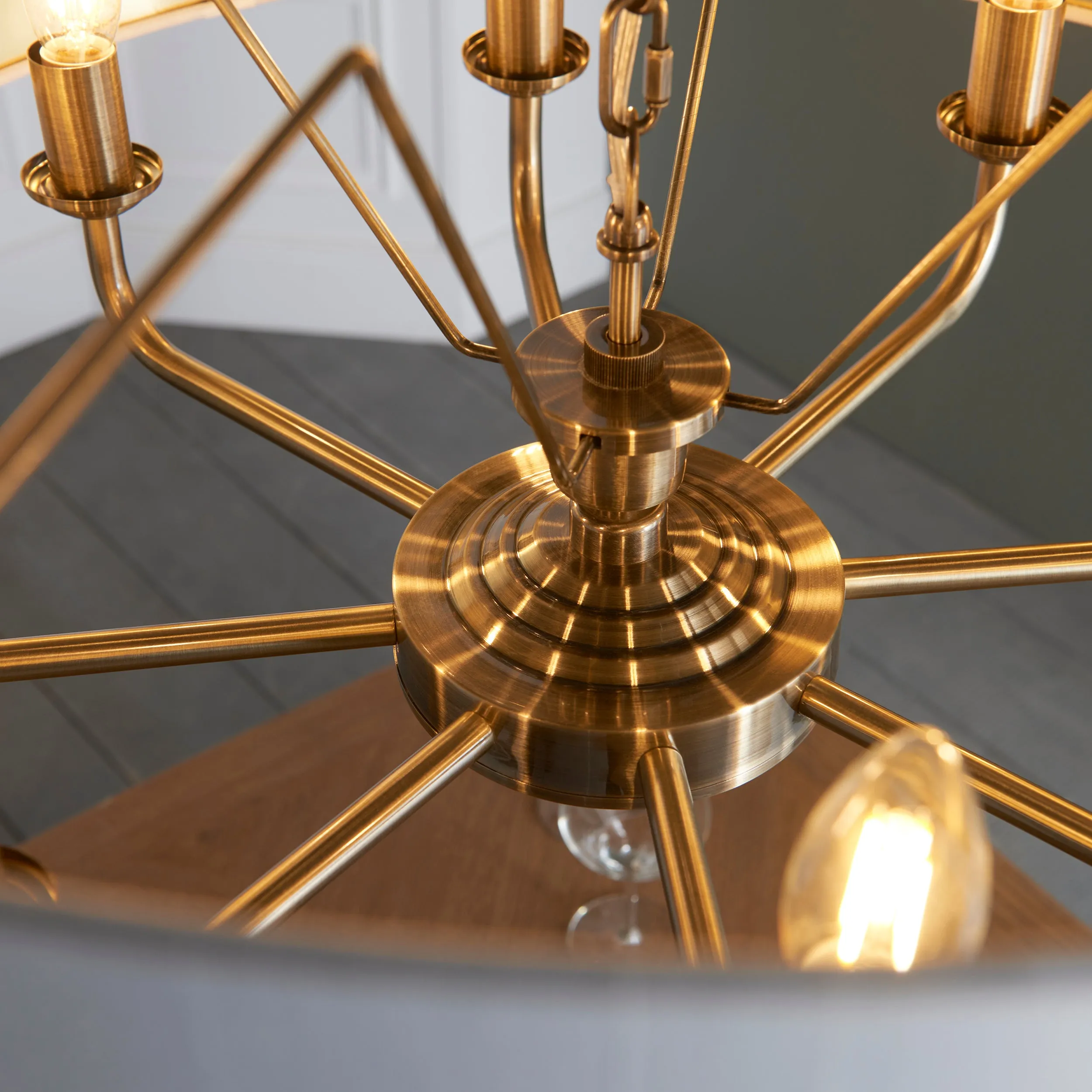 Endon 98938 Highclere 8lt Pendant Antique brass plate & vintage white fabric 8 x 40W E14 candle (Required)