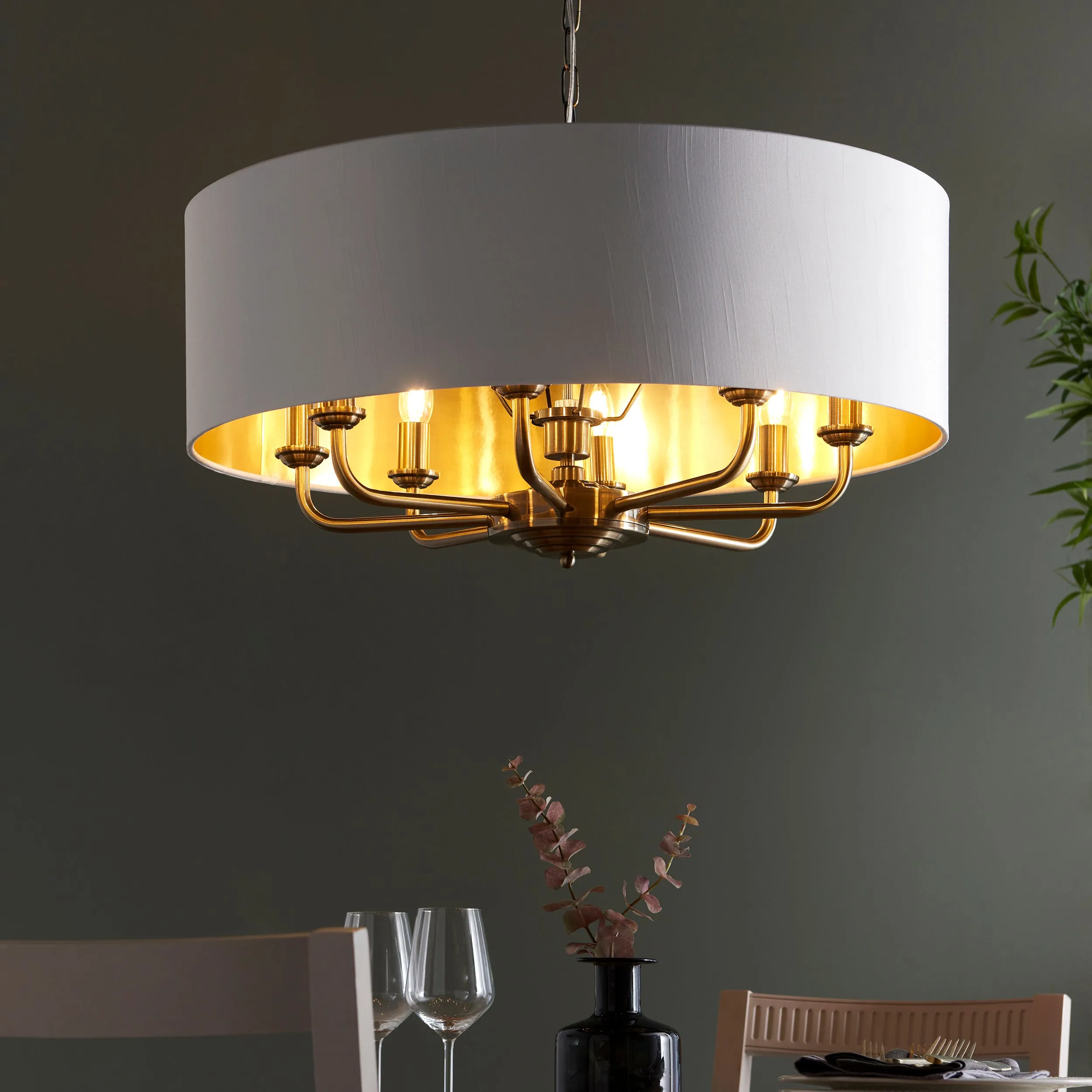 Endon 98938 Highclere 8lt Pendant Antique brass plate & vintage white fabric 8 x 40W E14 candle (Required)