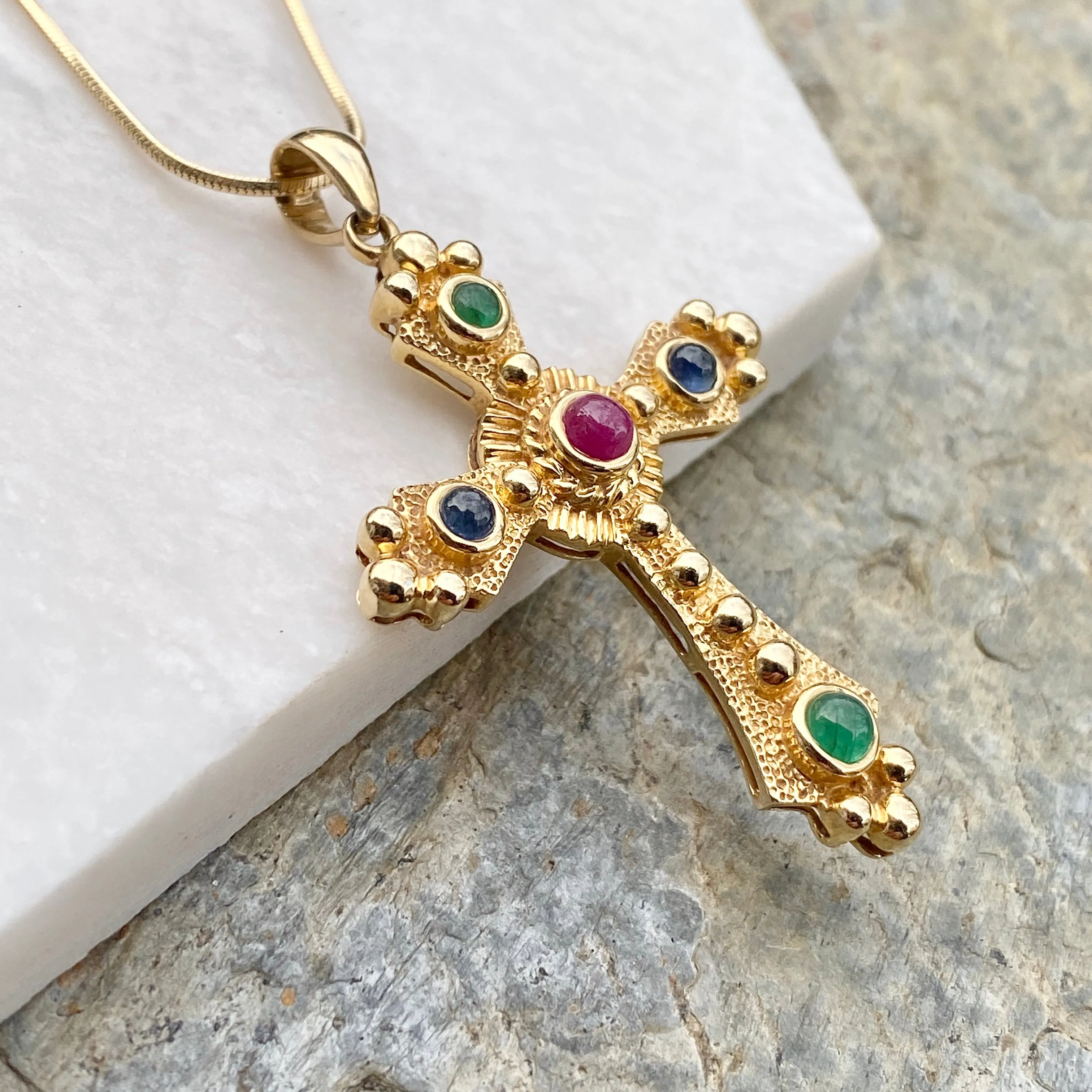 Estate 14KT Yellow Gold Gemstones Etruscan Cross Pendant