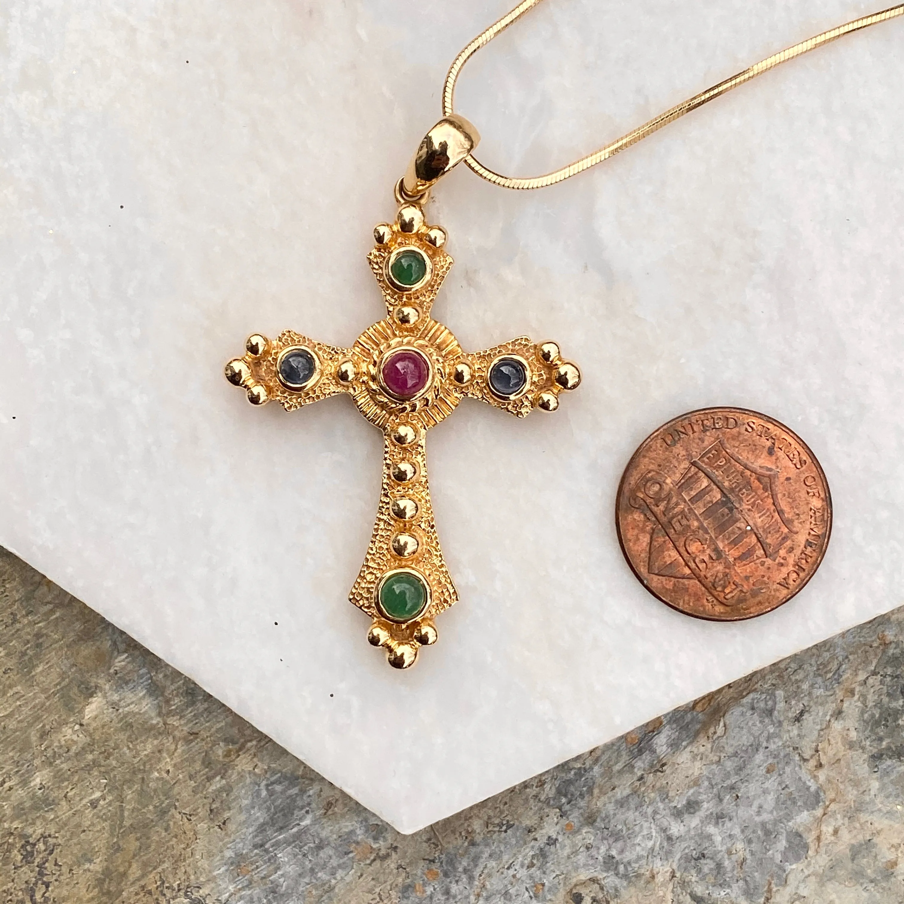 Estate 14KT Yellow Gold Gemstones Etruscan Cross Pendant