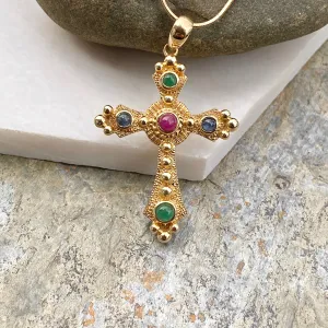 Estate 14KT Yellow Gold Gemstones Etruscan Cross Pendant