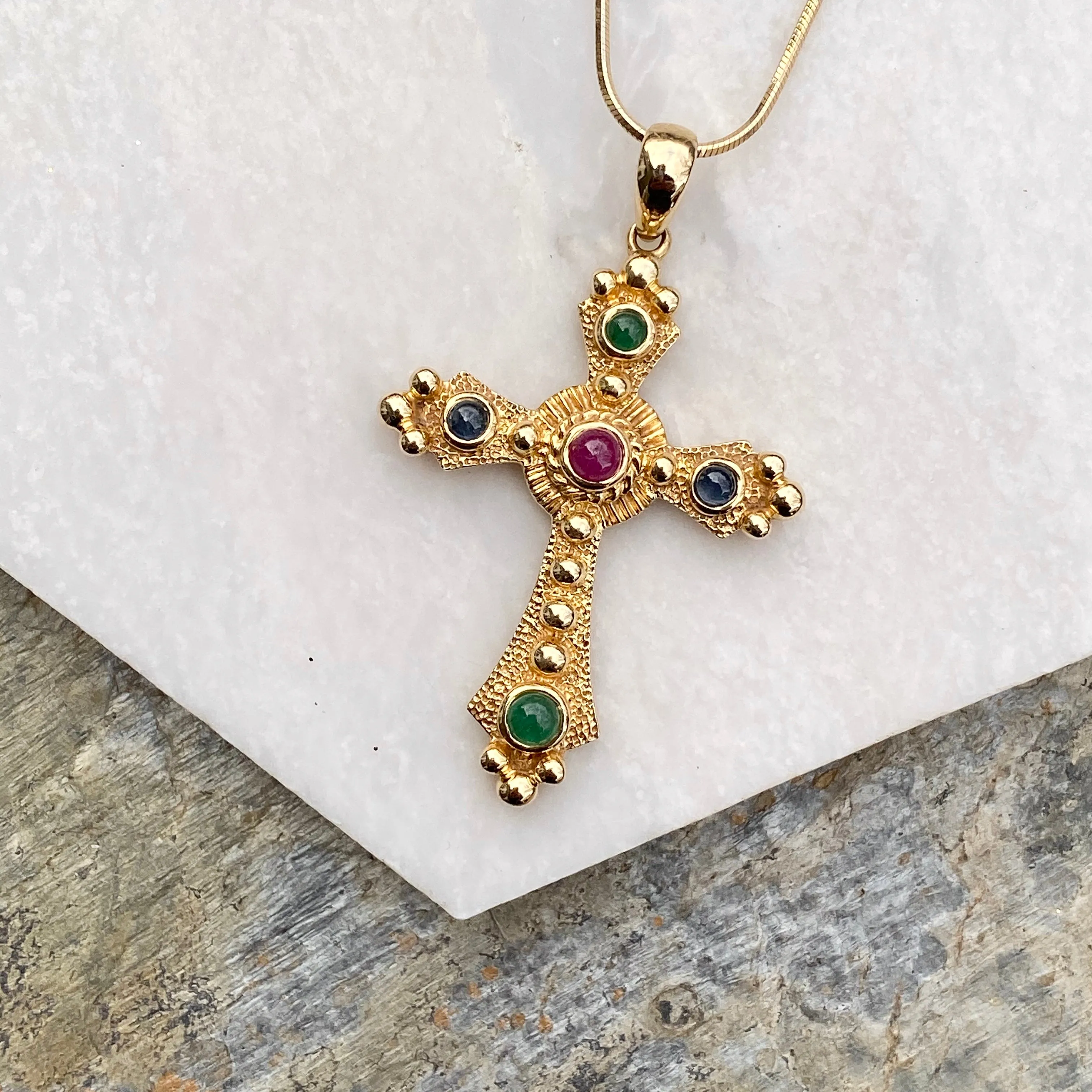 Estate 14KT Yellow Gold Gemstones Etruscan Cross Pendant