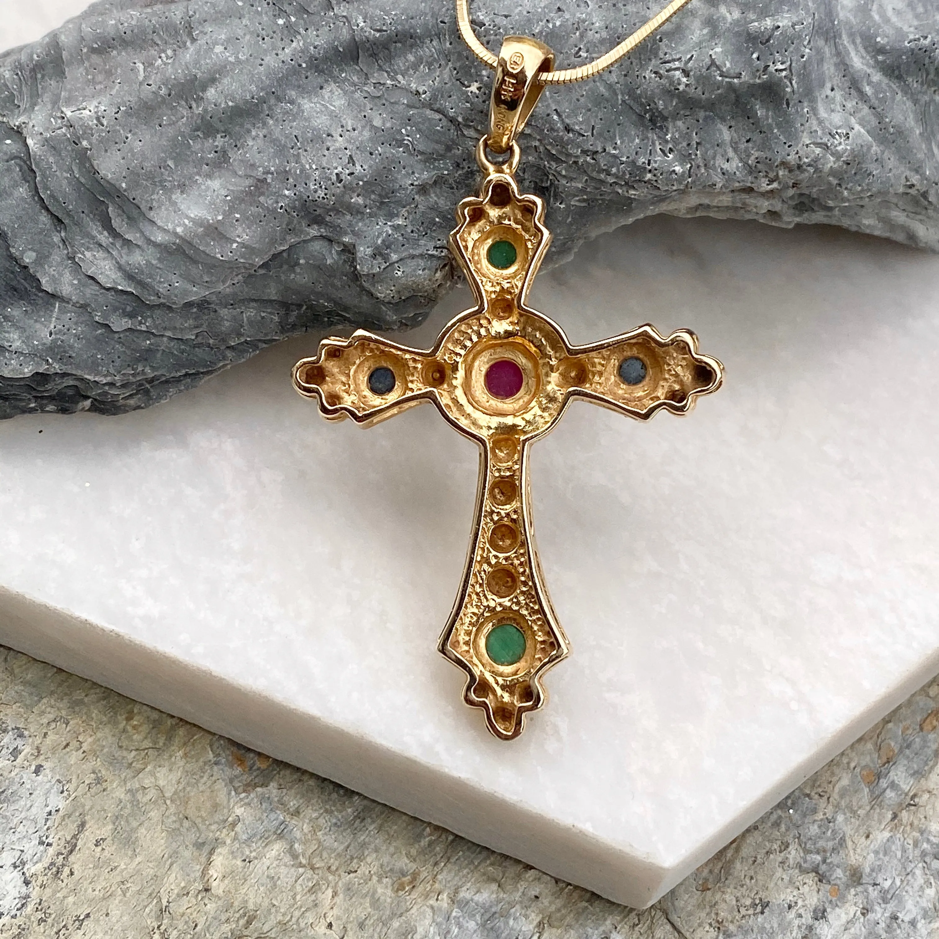 Estate 14KT Yellow Gold Gemstones Etruscan Cross Pendant