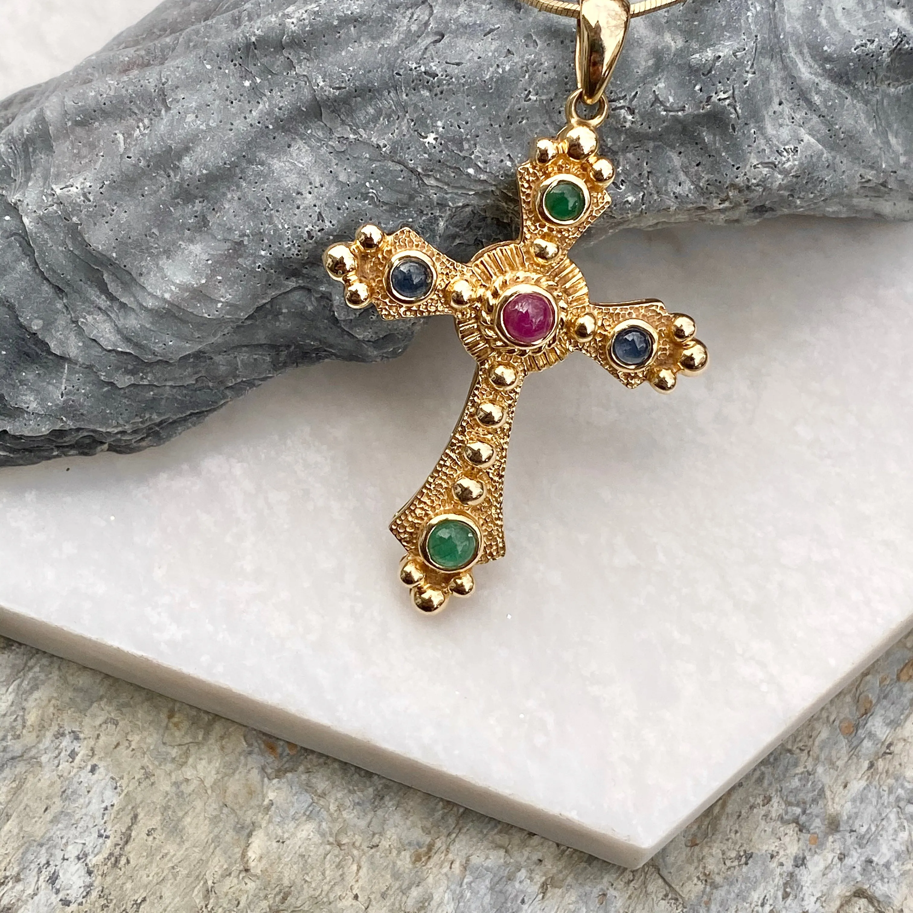 Estate 14KT Yellow Gold Gemstones Etruscan Cross Pendant