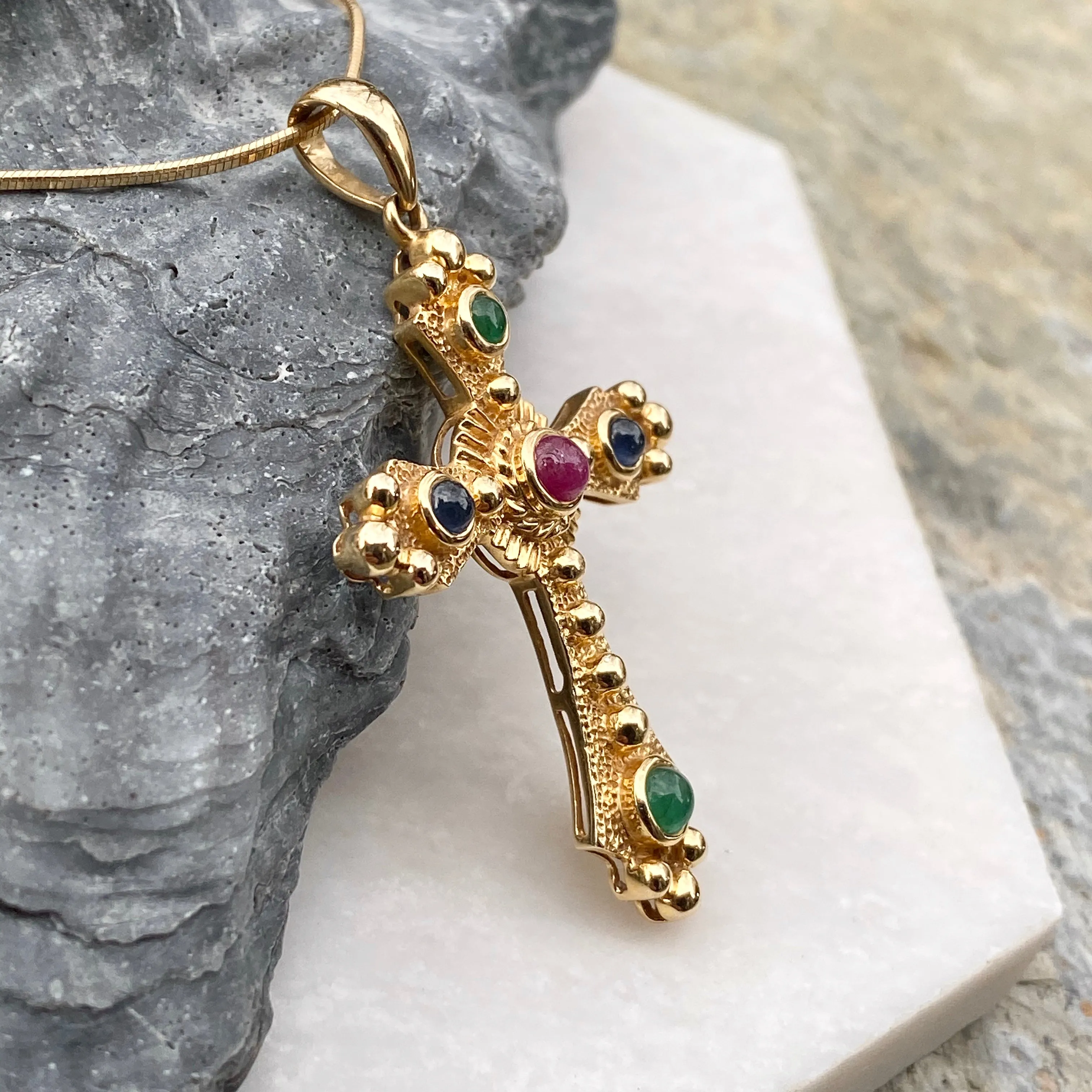 Estate 14KT Yellow Gold Gemstones Etruscan Cross Pendant