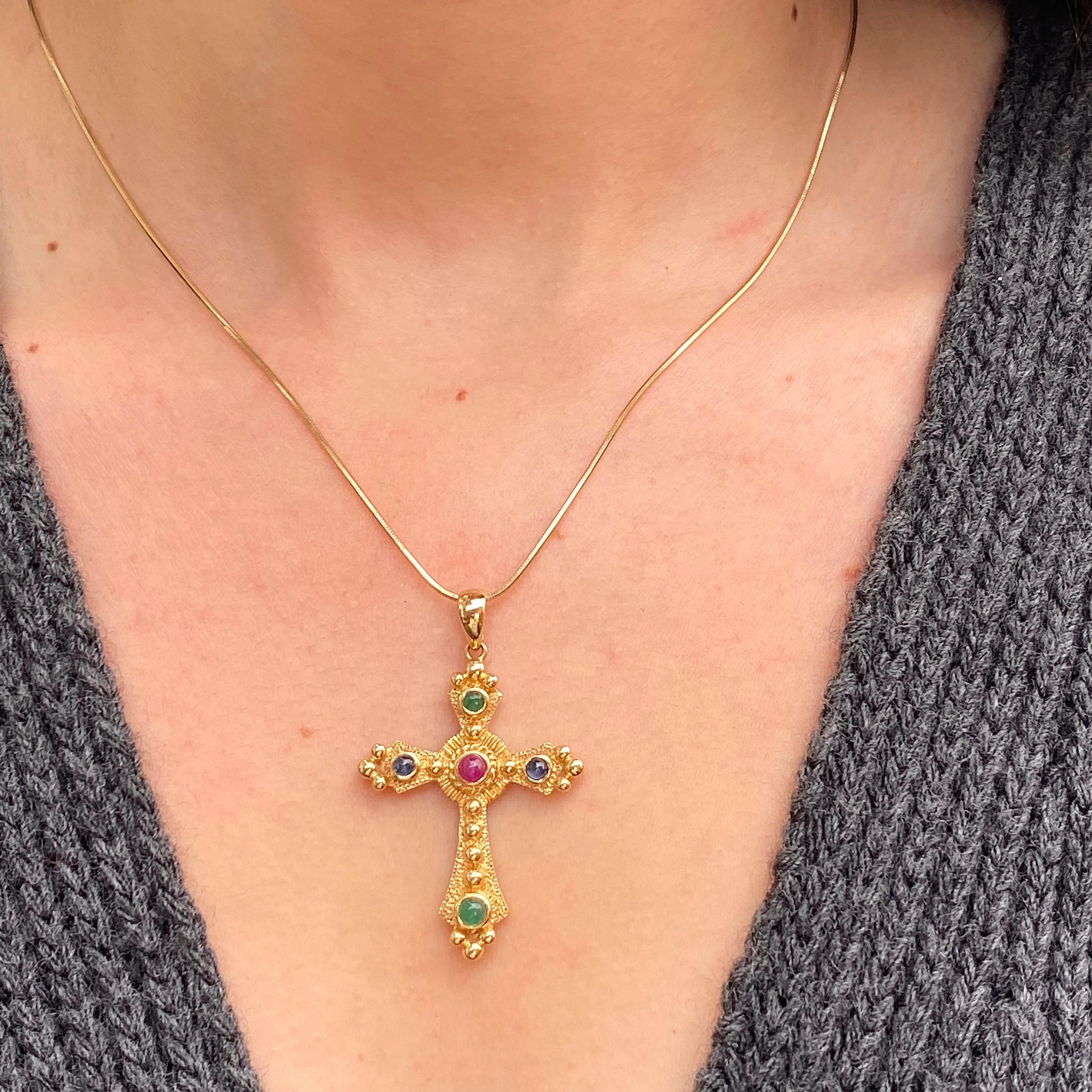 Estate 14KT Yellow Gold Gemstones Etruscan Cross Pendant