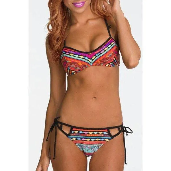 Ethnic Printed Strappy Bohemian Bikini Set - M