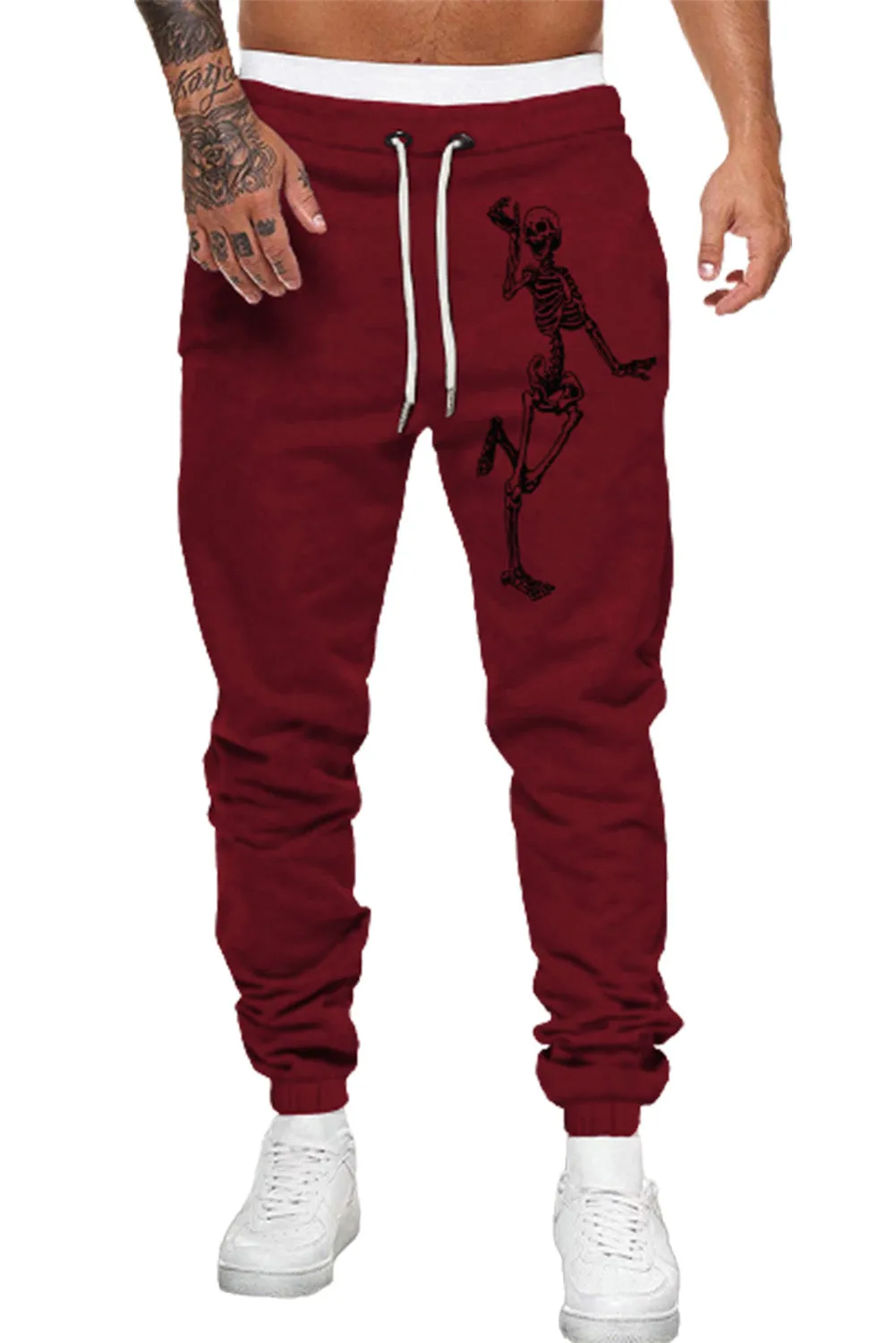 Fiery Red Skeleton Print Drawstring Elastic Waist Men's Sweatpants