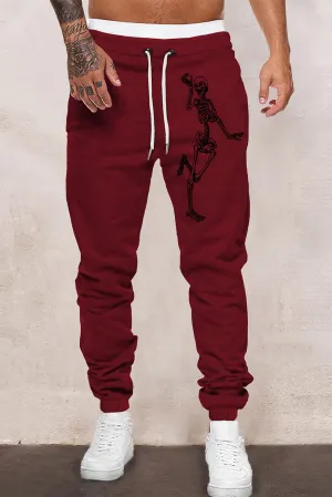 Fiery Red Skeleton Print Drawstring Elastic Waist Men's Sweatpants