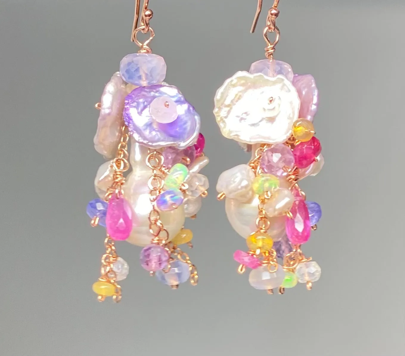 Flameball Pearl and Multicolor Gemstone Chain Dangle Earrings Rose Gold