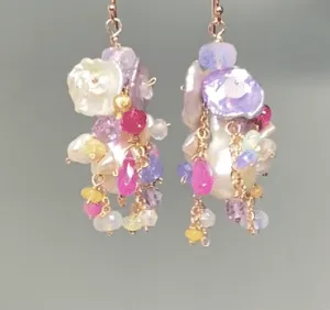 Flameball Pearl and Multicolor Gemstone Chain Dangle Earrings Rose Gold