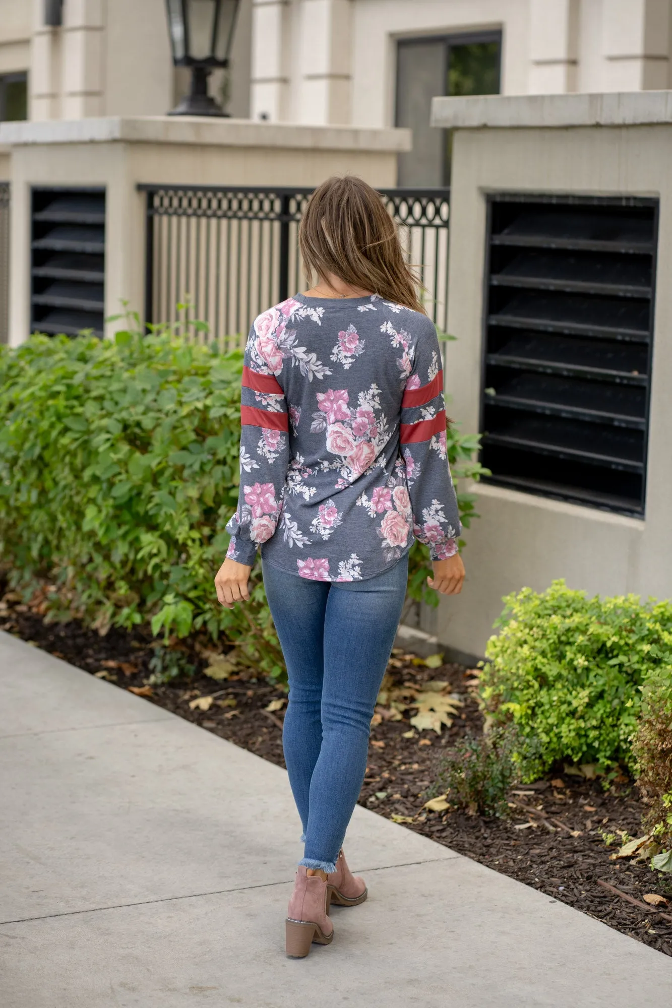 Floral Curved Hem T-Shirt with Stripe Detail Regular & Plus Sizes