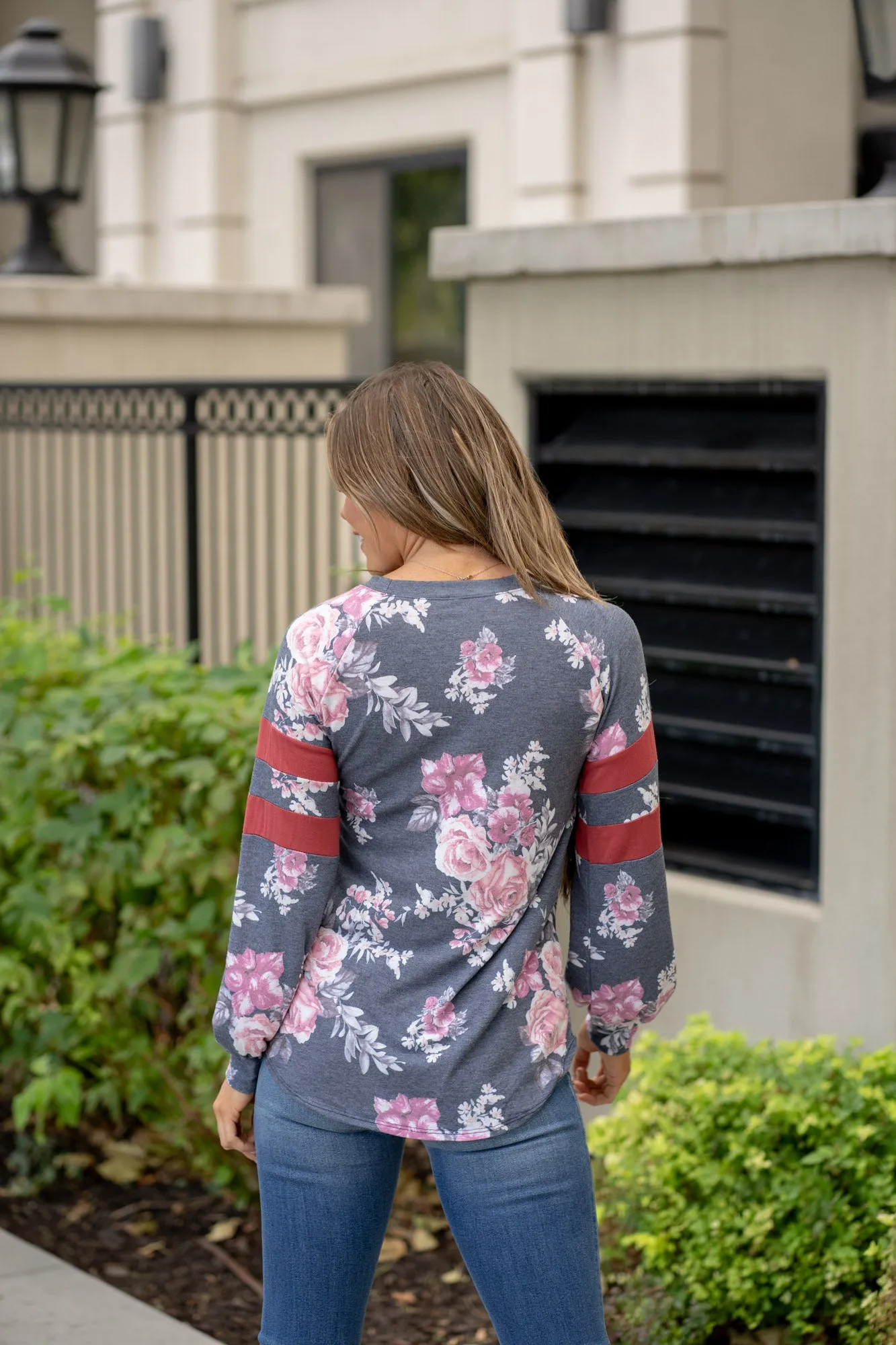 Floral Curved Hem T-Shirt with Stripe Detail Regular & Plus Sizes