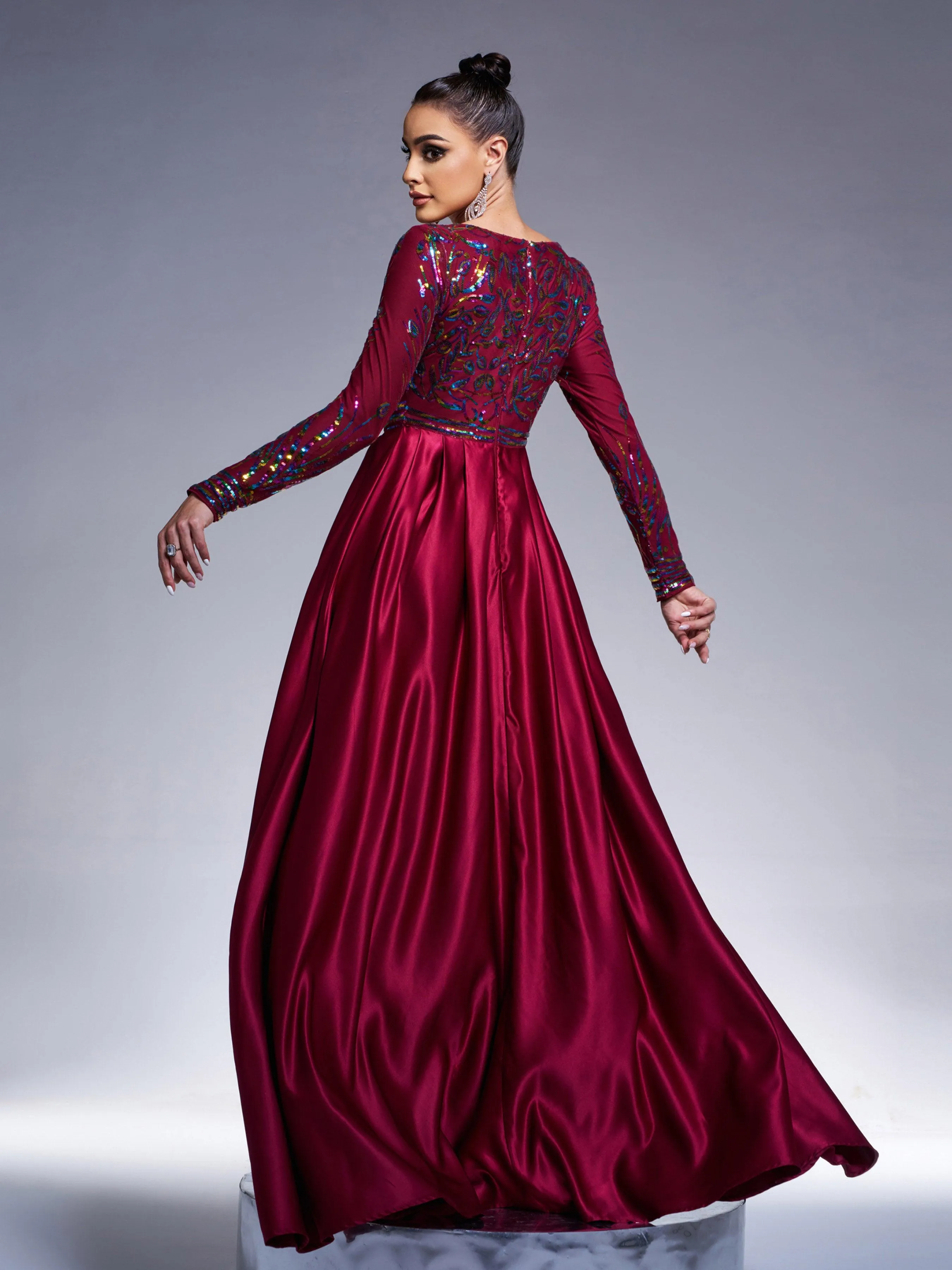 Formal A-Line Satin Panel Black Ball Gown RM20428