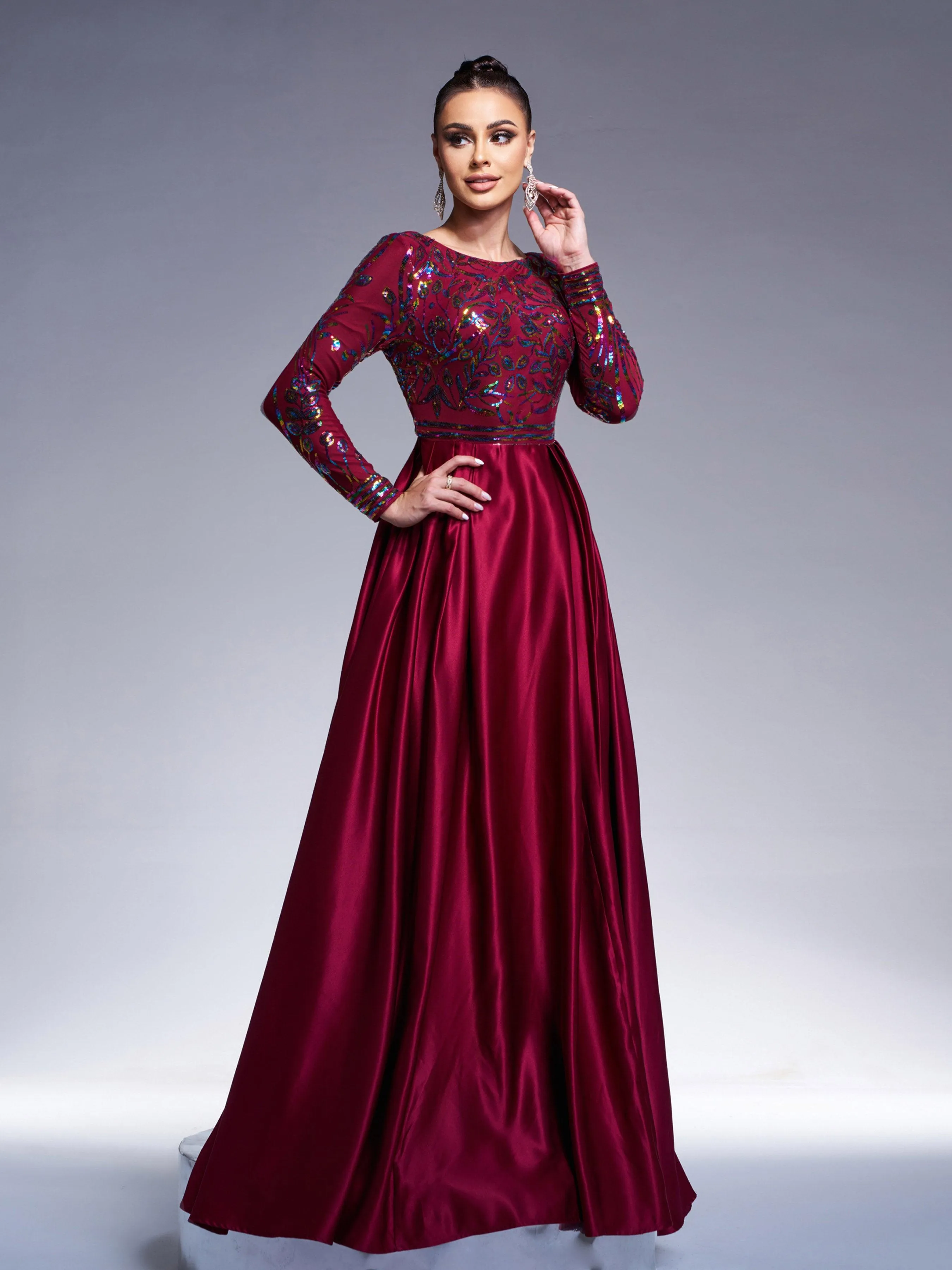 Formal A-Line Satin Panel Black Ball Gown RM20428