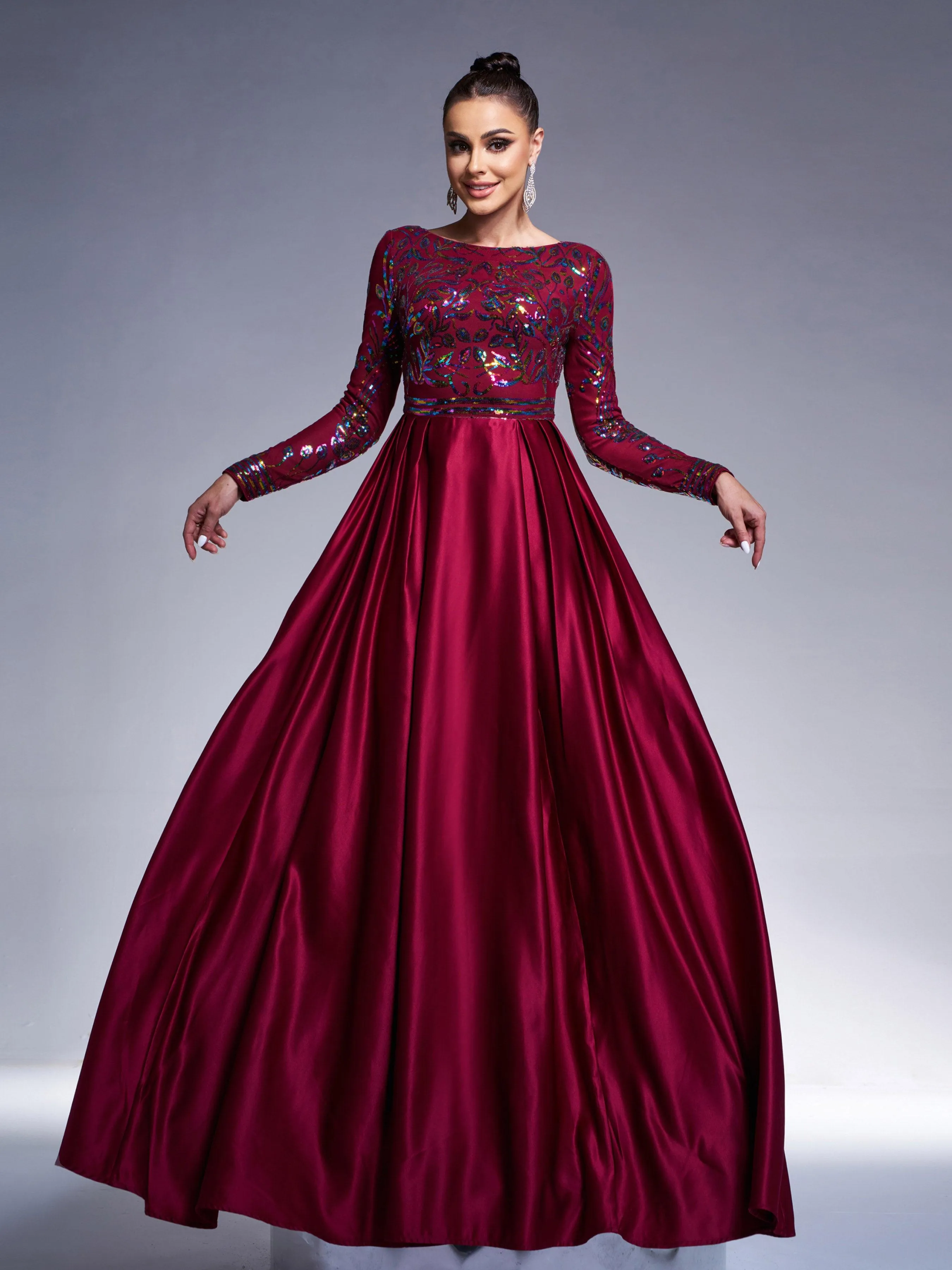 Formal A-Line Satin Panel Black Ball Gown RM20428
