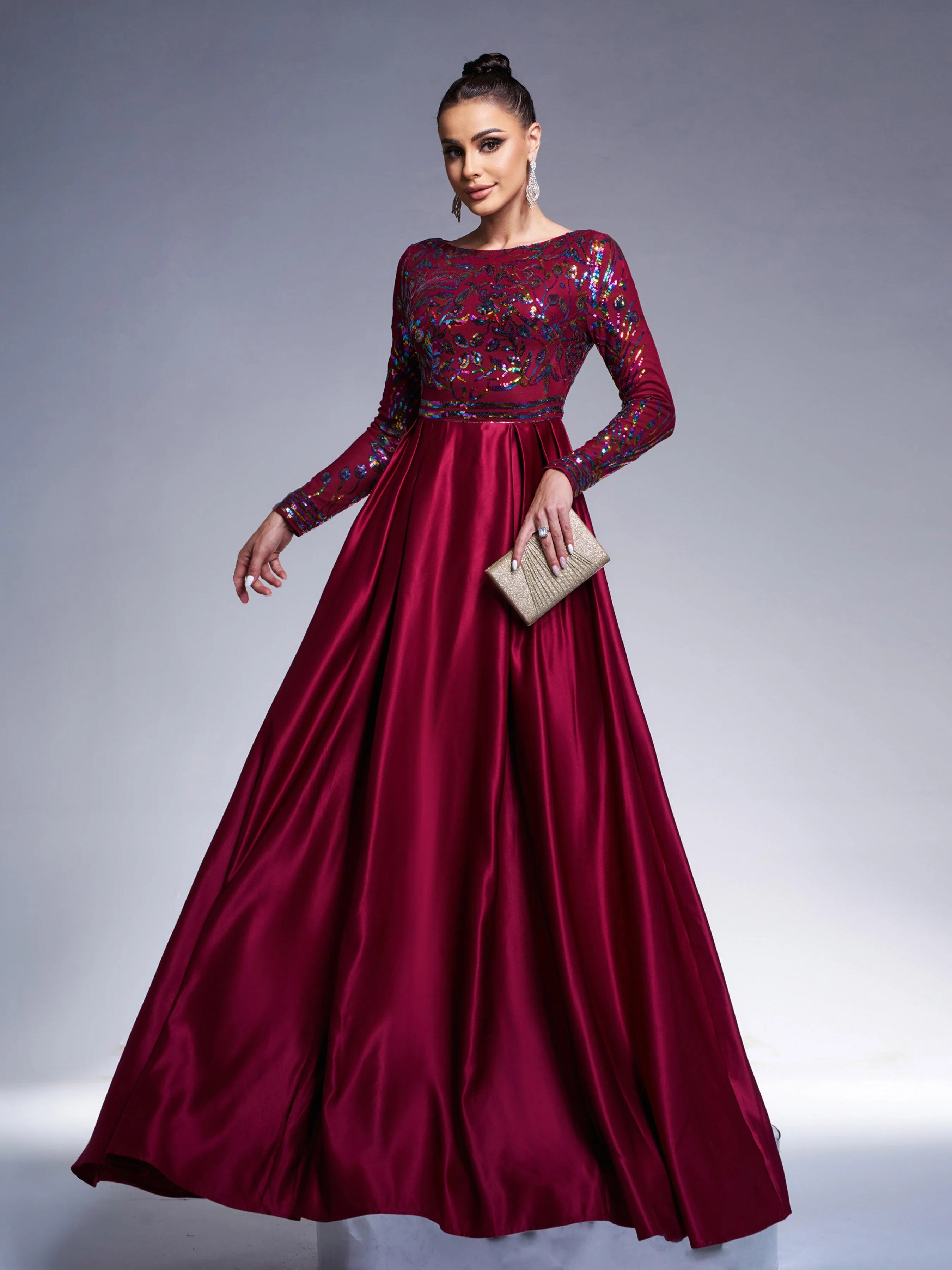 Formal A-Line Satin Panel Black Ball Gown RM20428
