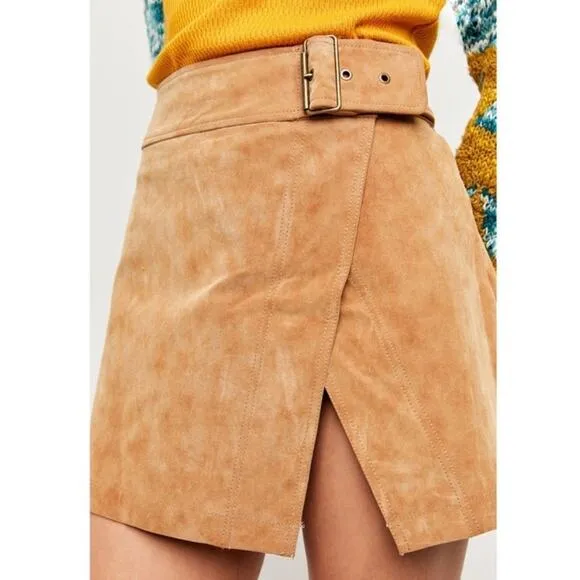 Free People Ari Camel Faux Suede Buckle Mini Skirt