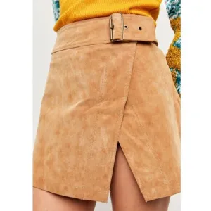 Free People Ari Camel Faux Suede Buckle Mini Skirt