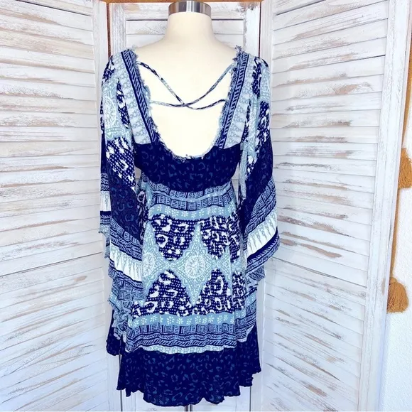 FREE PEOPLE l Heart of Gold Bell Sleeve Mini Dress Blue Gauze Size XS