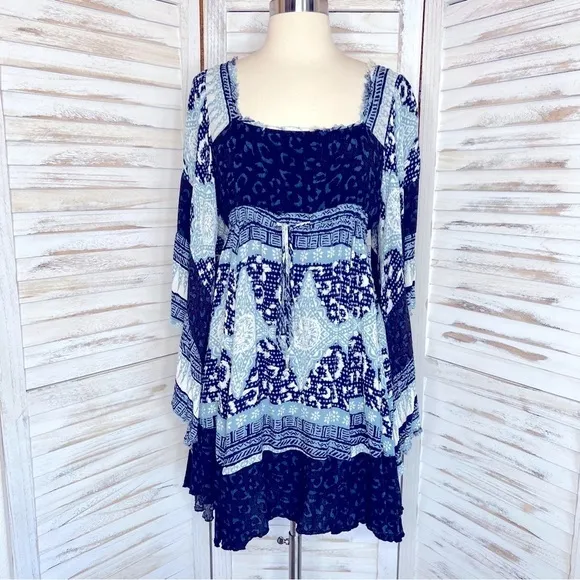 FREE PEOPLE l Heart of Gold Bell Sleeve Mini Dress Blue Gauze Size XS