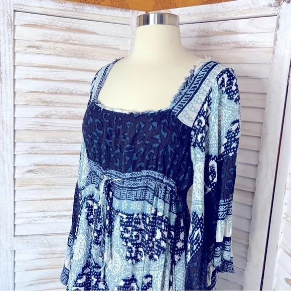 FREE PEOPLE l Heart of Gold Bell Sleeve Mini Dress Blue Gauze Size XS