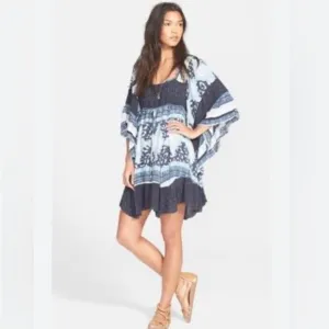 FREE PEOPLE l Heart of Gold Bell Sleeve Mini Dress Blue Gauze Size XS