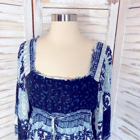FREE PEOPLE l Heart of Gold Bell Sleeve Mini Dress Blue Gauze Size XS