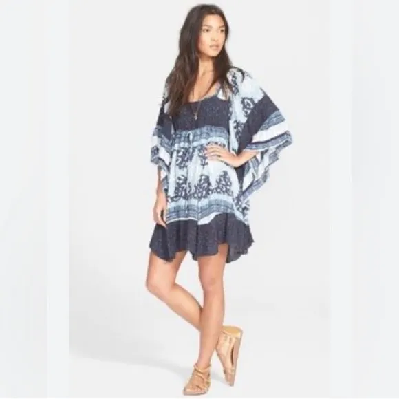 FREE PEOPLE l Heart of Gold Bell Sleeve Mini Dress Blue Gauze Size XS