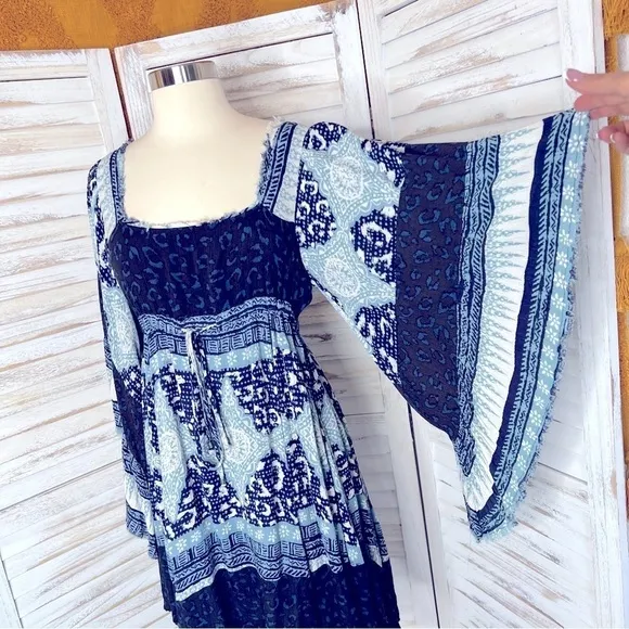 FREE PEOPLE l Heart of Gold Bell Sleeve Mini Dress Blue Gauze Size XS