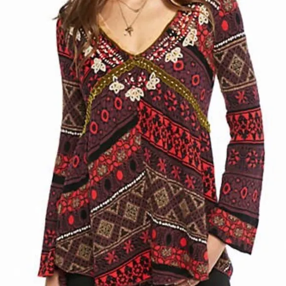 Free People World Traveler Boho Alpaca Blend Pullover Tunic Sweater