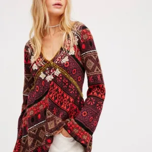 Free People World Traveler Boho Alpaca Blend Pullover Tunic Sweater