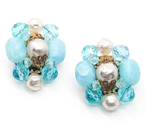 Germany Baby blue and pearl vintage beaded cluster clip on earrings