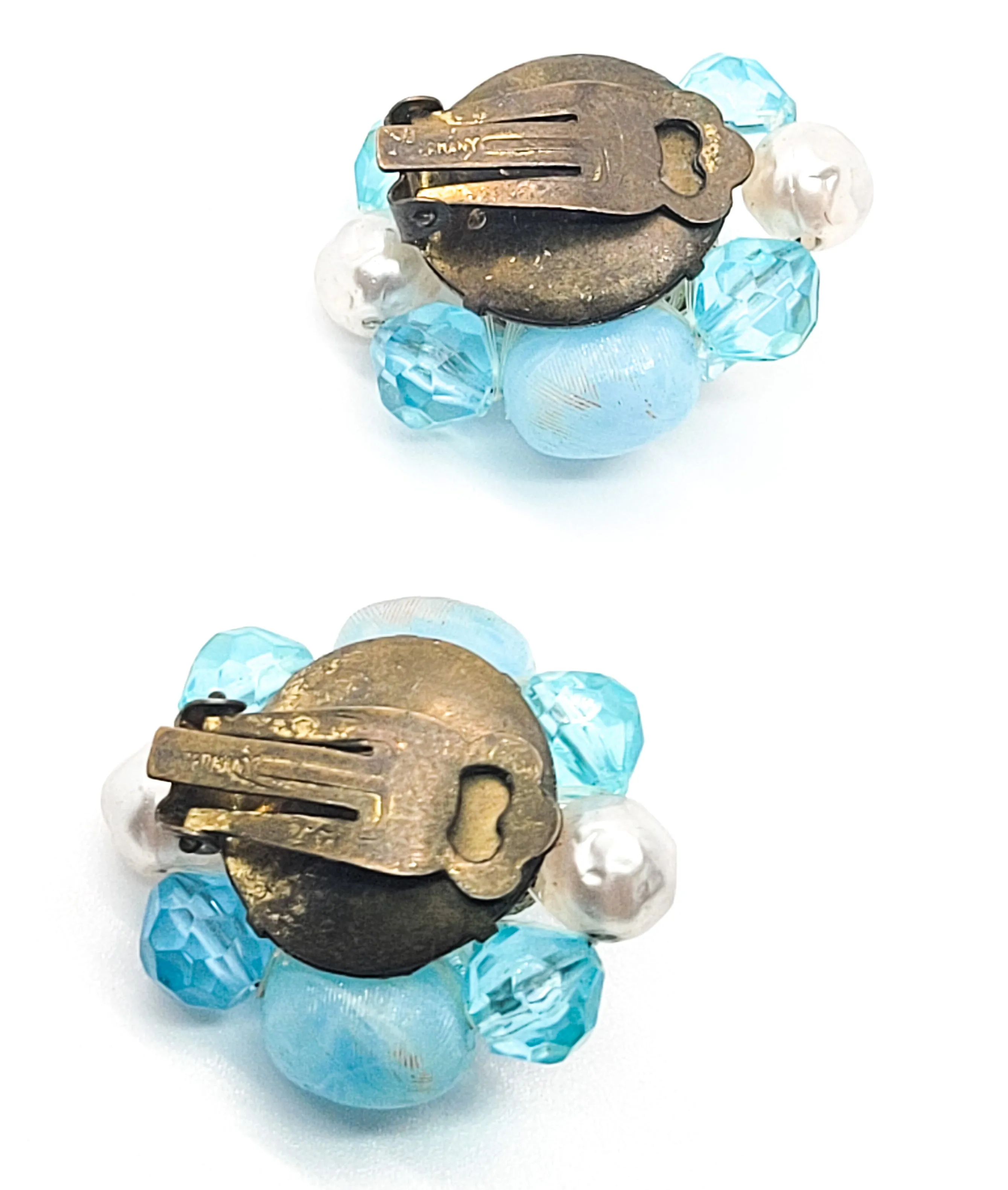 Germany Baby blue and pearl vintage beaded cluster clip on earrings