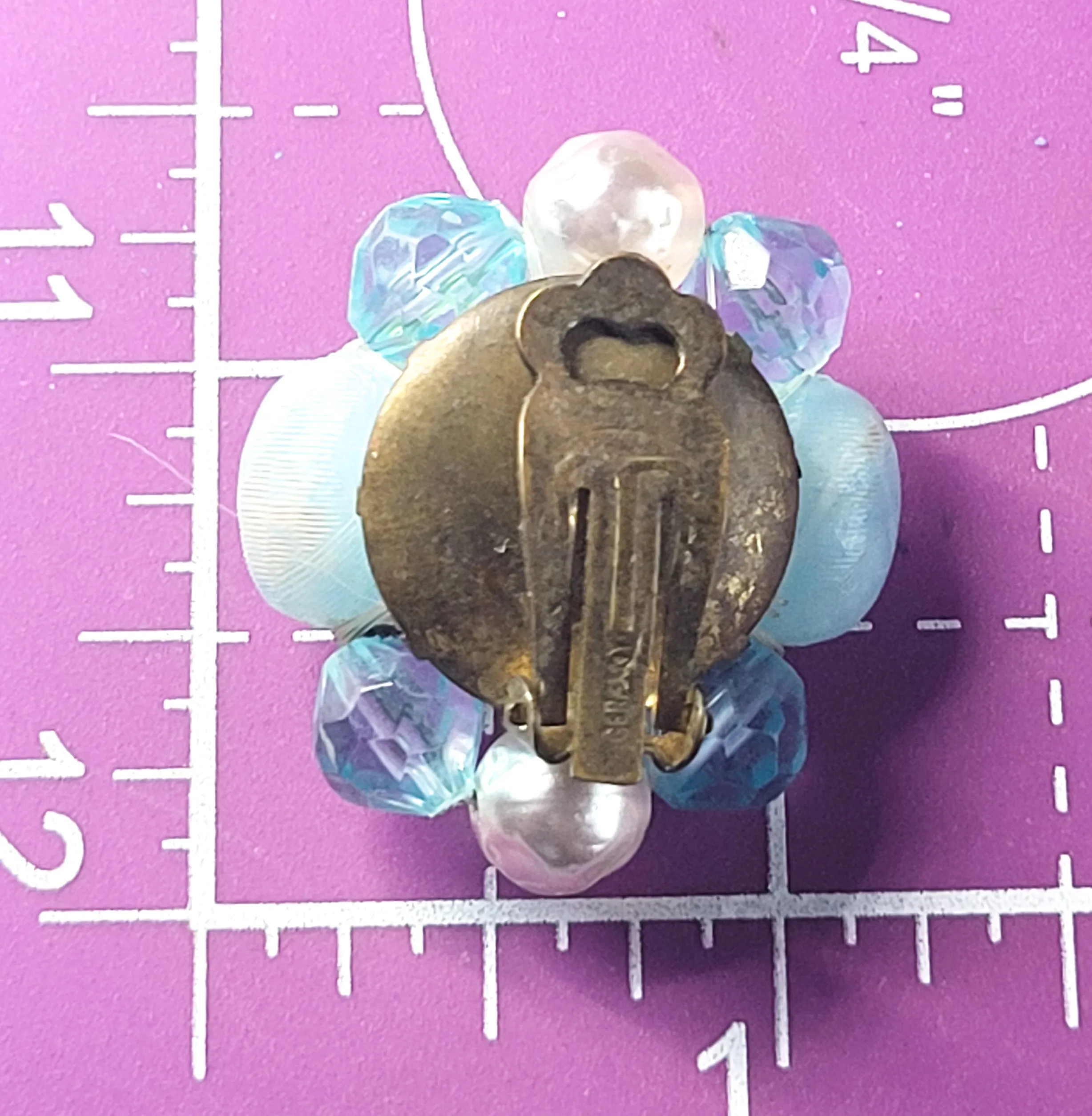 Germany Baby blue and pearl vintage beaded cluster clip on earrings