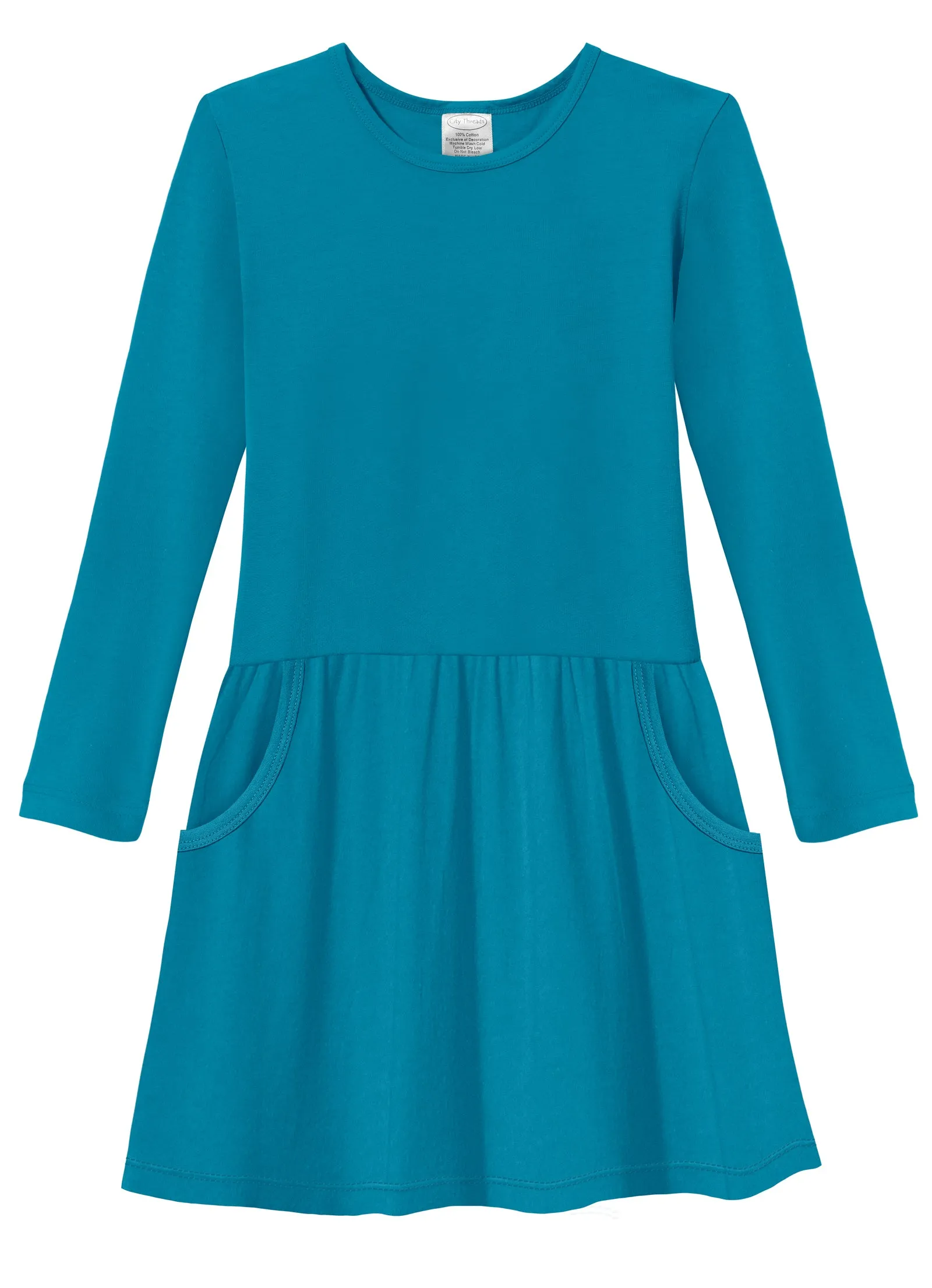 Girls Soft Cotton Jersey Long Sleeve Drop Waist Dress
