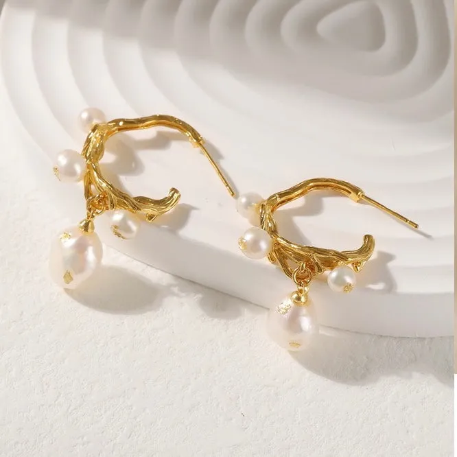 Gold foil pearl irregular earrings