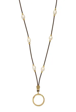 Golden Teardrops of the Angels Pearl and Leather Eyering Necklace