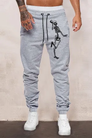 Gray Skeleton Print Drawstring Elastic Waist Men's Sweatpants