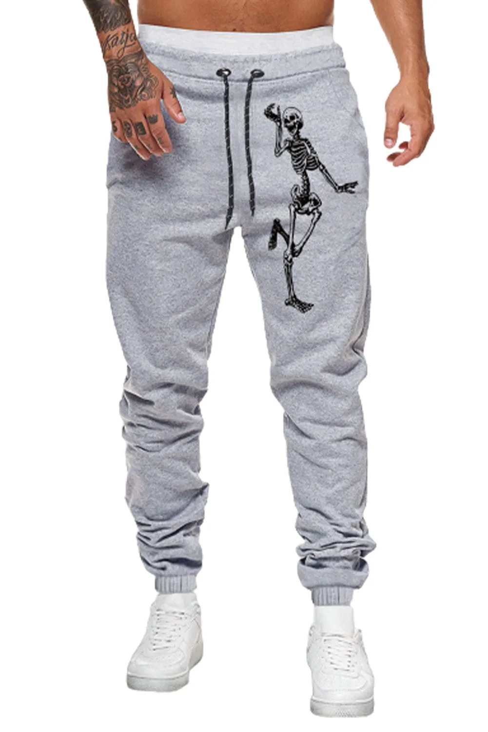 Gray Skeleton Print Drawstring Elastic Waist Men's Sweatpants