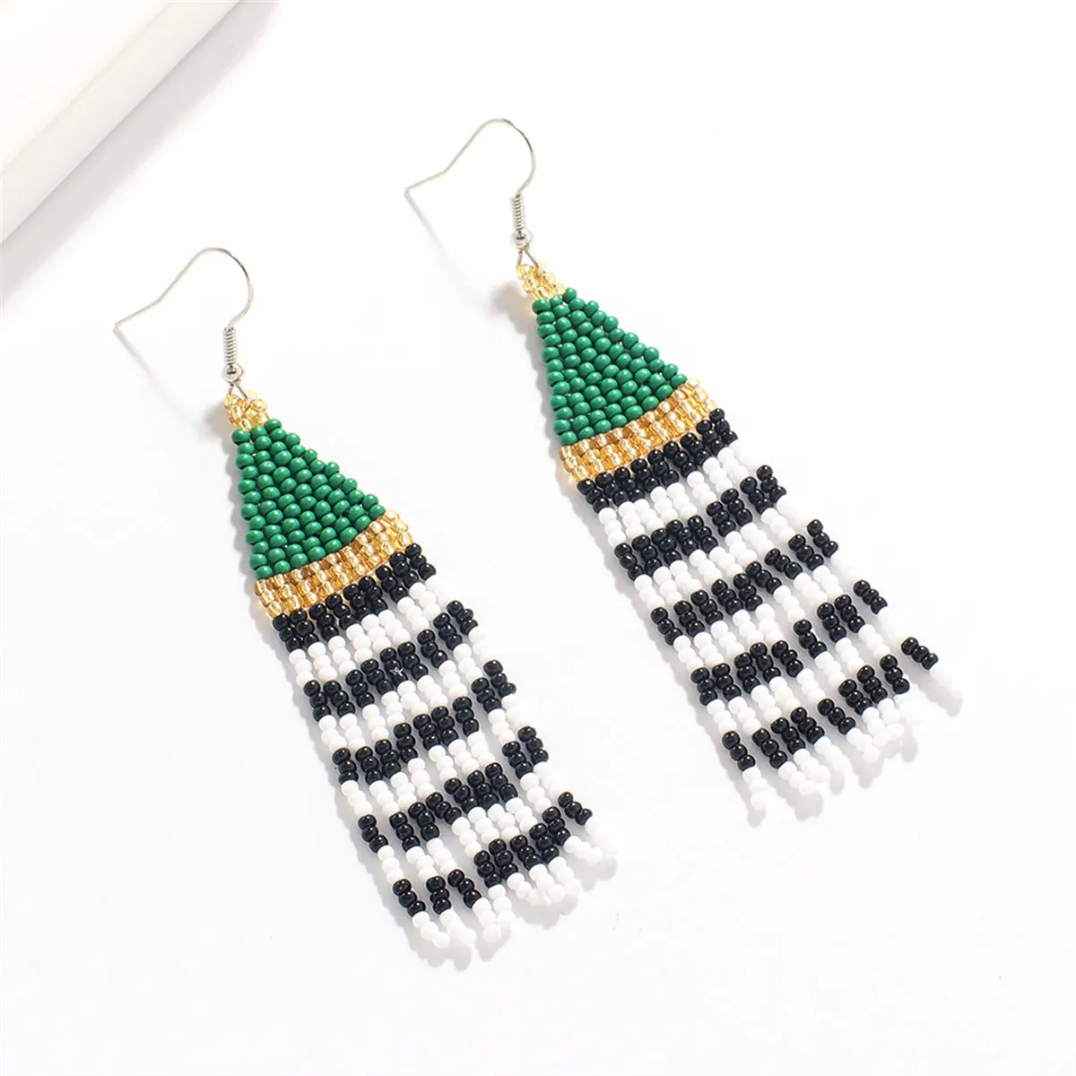 Green & Black Howlite Stripe Tassel Drop Earrings
