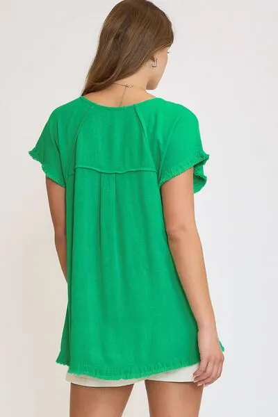 Green Seam Detail Linen Ruffle Fringe Edge Top