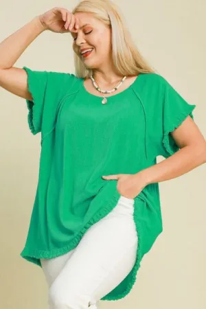 Green Seam Detail Linen Ruffle Fringe Edge Top