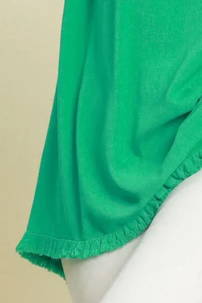 Green Seam Detail Linen Ruffle Fringe Edge Top