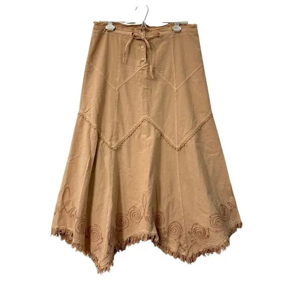 Gretty Zueger Tan Fringe Embroidered Midi Skirt Bohemian Womens Size Small